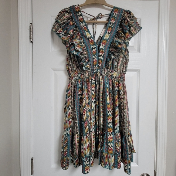 Anthropologie Dresses & Skirts - Antropologie Boemo Aztec Soutwestern Ruffle Short Skeeve Boho Mini Dress.